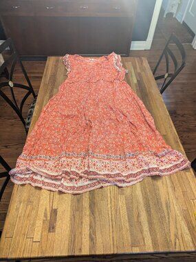 Red/Orange Printed Beautiful Cool Flowy Long Dress w/ Ruffled Sleeves XXL